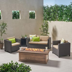 Samatar Dark Brown 5-Piece Faux Rattan Outdoor Patio Fire Pit Set with Beige Cushions