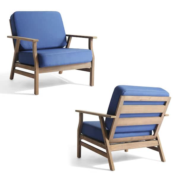 Brown Acacia Wood Outdoor Patio Lounge Chairs with Oxford Blue Cushions and Brown Side Table(Set of 2)