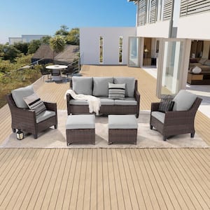 5-Piece Brown Wicker Patio Sofa Set Outdoor Conversation Set with 3-Seat Sofa Ottomans, Linen Grey Cushions