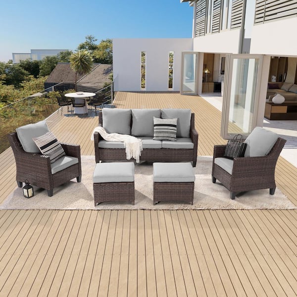 Sonkuki 5-Piece Brown Wicker Patio Sofa Set Outdoor Conversation Set with 3-Seat Sofa Ottomans, Linen Grey Cushions