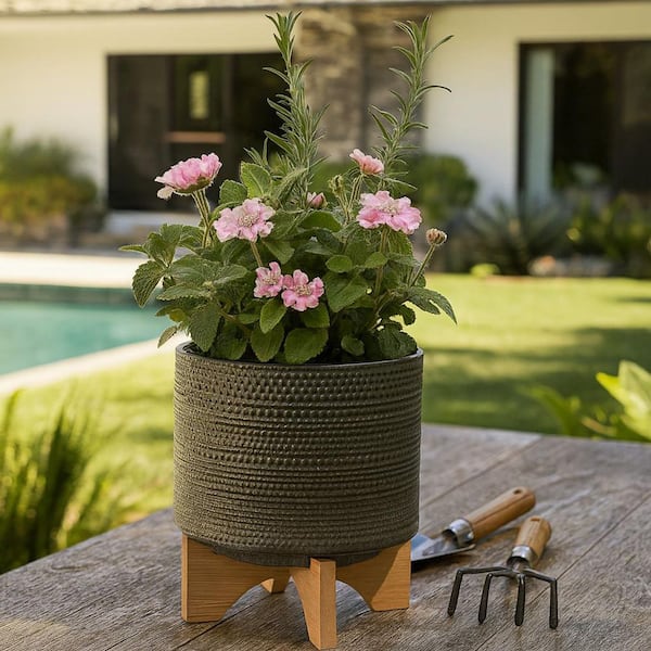 Liv & Skye 8 in. W x 10 in. Green Ceramic Dotted Decorative Pot On