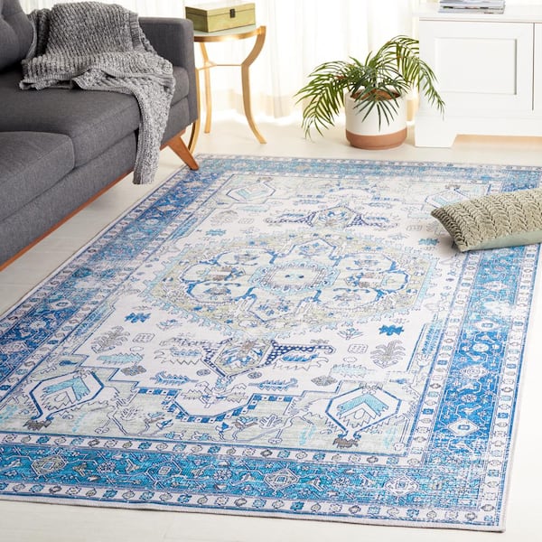Arizona Beige/Blue 9 ft. x 12 ft. Machine Washable Traditional Medallion Area Rug