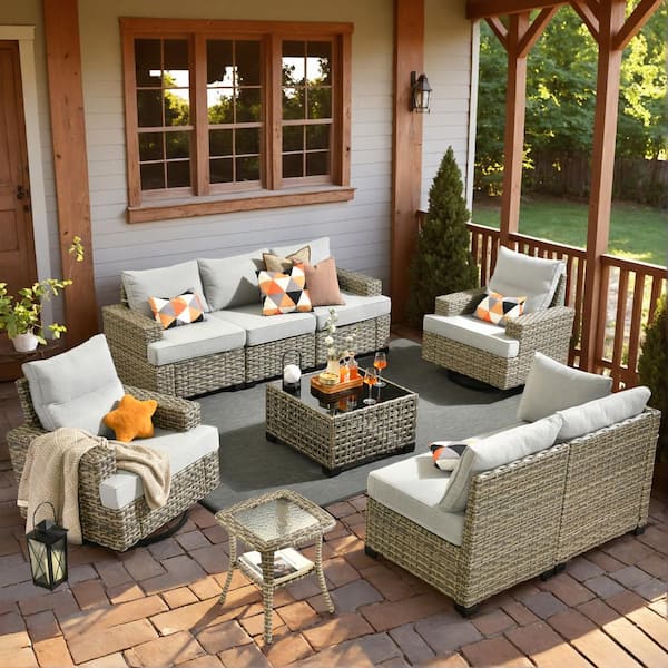 HOOOWOOO Kelleys 9-Piece Wicker Modern Patio Conversation Sofa Sectional Set with Swivel Chairs and Light Grey Cushions