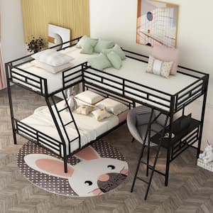 Black Metal Triple Bunk Beds with Desk and L-Shaped Twin Over Full Bunk Bed Attached Twin Loft Bed with Ladders