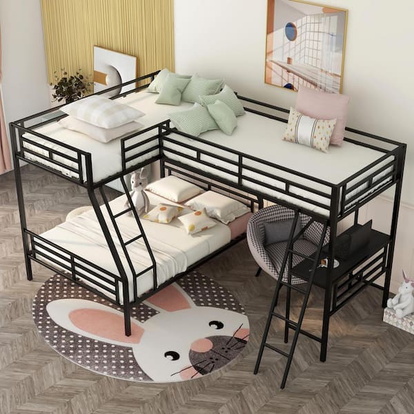 Black Metal Triple Bunk Beds With Desk, Bunk Bed Attached Sheet Sets