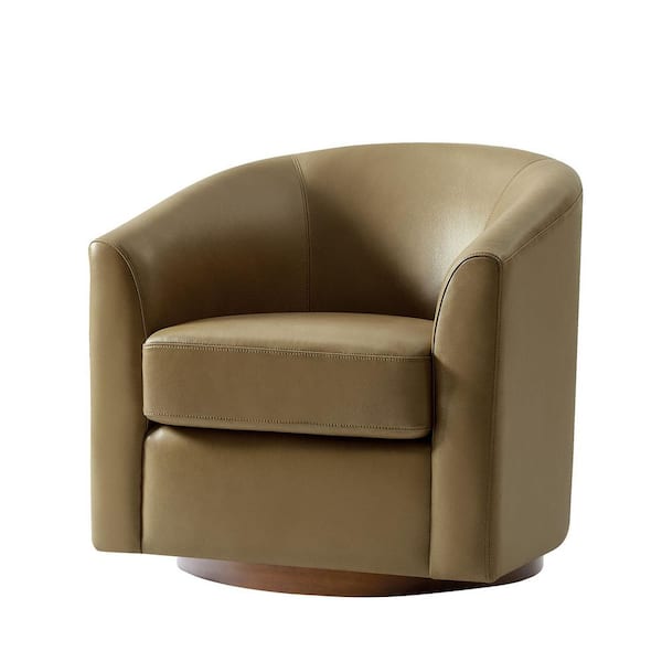 JAYDEN CREATION Teeny Taupe Modern Genuine Leather Swivel Barrel Chair with Solid Wood Base
