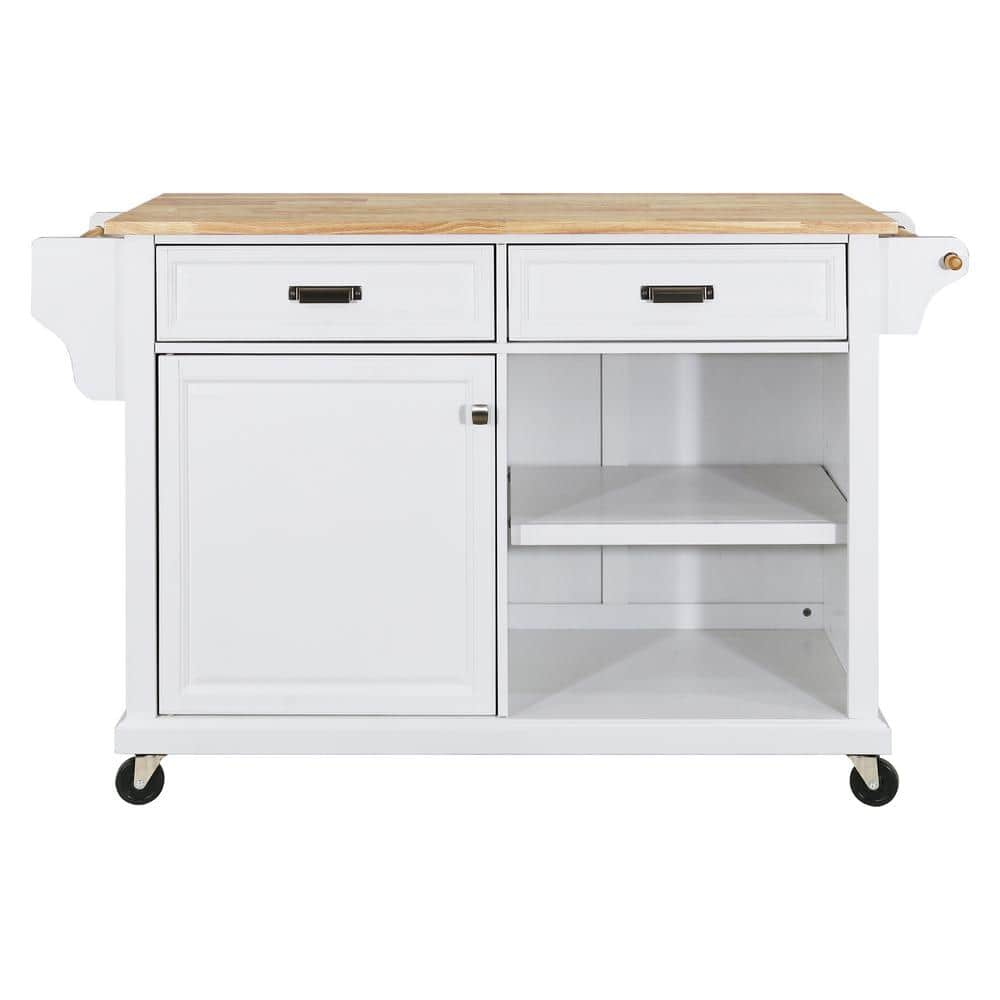 White Rubber Wood Kitchen Cart with Drop Leaf, 1-Door Cabinet, 2 ...