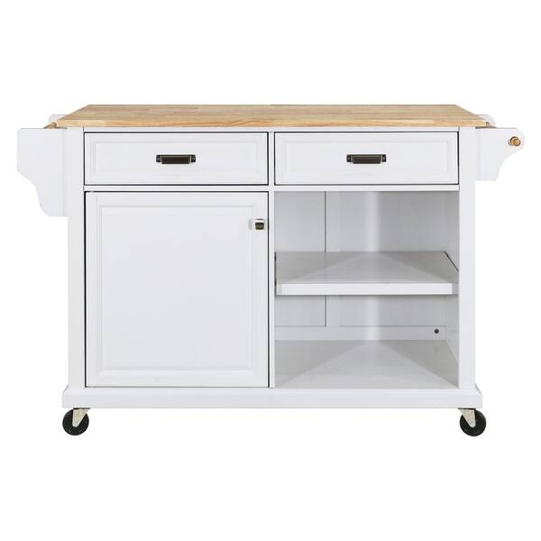 White Rubber Wood Kitchen Cart with Drop Leaf, 1-Door Cabinet, 2 ...