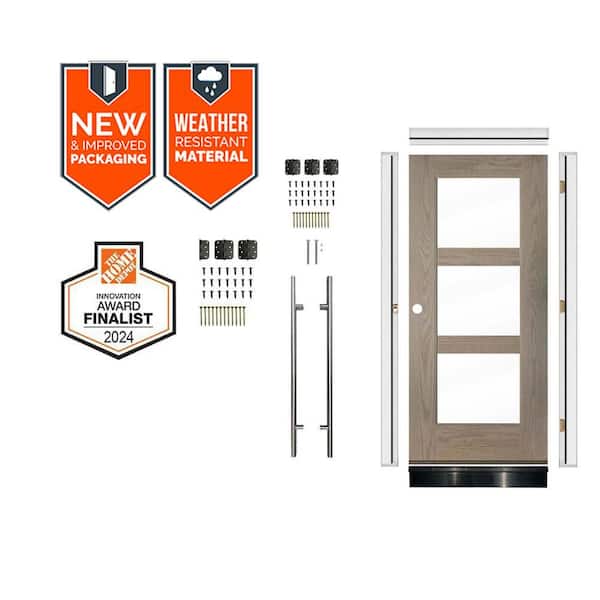 Faux Pivot 36in.x79in. 3-Lite Right-Hand Clear Glass Oiled Leather Stain Fiberglass Front Door Kit w/Quick Assemble Jamb