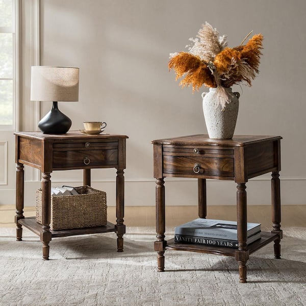 Gillian 20 in. Walnut Rectangle Wood End Table Set of 2