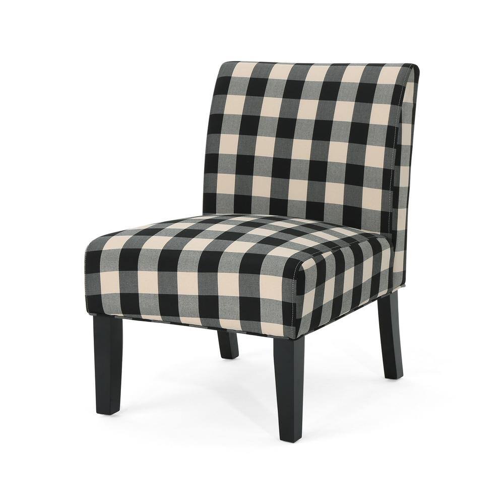 Handcrafted Black Plaid Rubberwood Slipper Accent Chair
