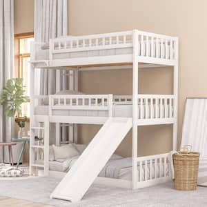 White Twin Triple Bunk Bed with Built-in Ladder and Slide