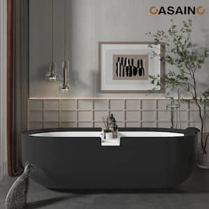 67 in. x 30 in. Solid Surface Stone Free Standing Tub Soaking Bathtub in Matte White with Black Bathtub Pillow