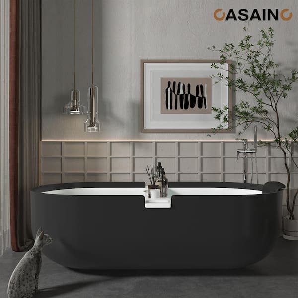 CASAINC 67 in. x 30 in. Solid Surface Stone Free Standing Tub Soaking Bathtub in Matte White with Black Bathtub Pillow