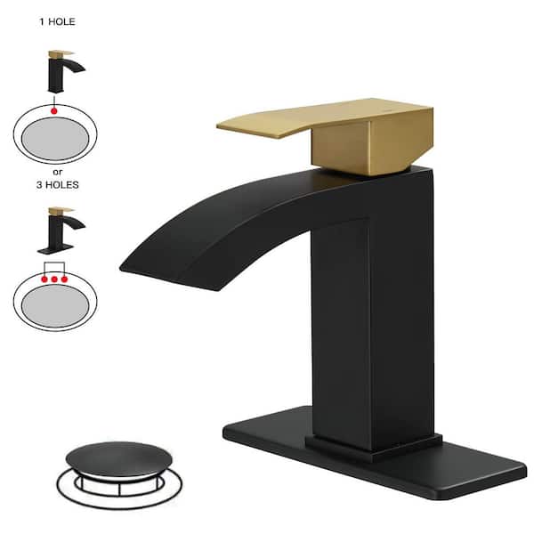 BWE Waterfall Single Hole Single-Handle Low-Arc Bathroom Sink Faucet With Pop-up Drain Assembly In Gold Black
