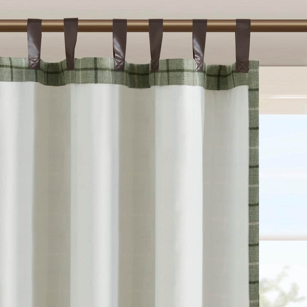 Green Plaid Polyester Tab Top Light-Filtering Drapes