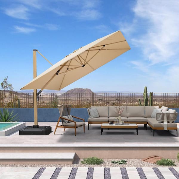 PURPLE LEAF 12 ft. Square Outdoor Cantilever Patio Umbrella Teak Finished Offset 360° Rotation Umbrella with Base, Beige