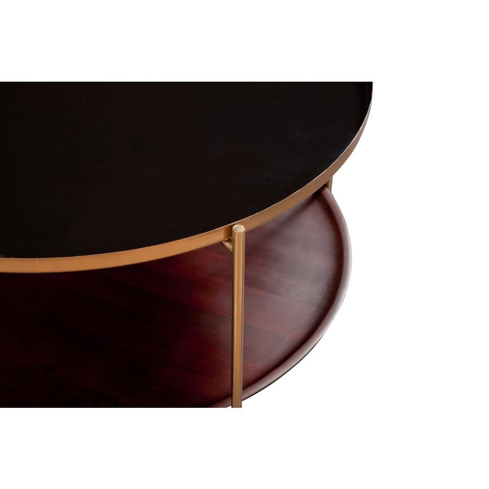 Stevie 36" Black Enamel and Bronze Metal Round Coffee Table with Cherry Wood Shelf