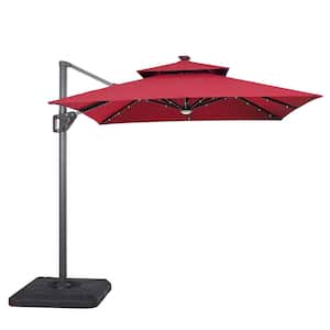 2pc Yetta 8 ft. Aluminum Cantilever Crank Tilt and 360 Square Patio Umbrella and LED Lights in Red with Base