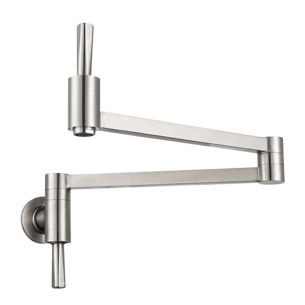 Brass Wall Mount Pot Filler with Double Vertical Handle, 2-Aerators and Swing Arms Kitchen Faucet in Brushed Nickel