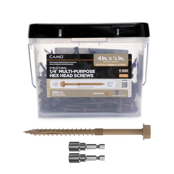 CAMO 1/4 in. x 4 in. Hex Head Multi-Purpose Hex Drive Structural Wood Screw - PROTECH Ultra 4 Exterior Coated (250-Pack)