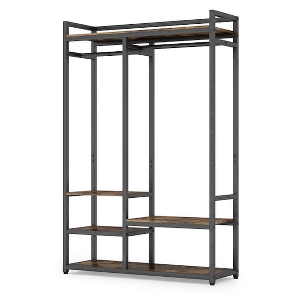 BYBLIGHT Carmalita Rustic Brown Free-Standing Closet Organizer, Large Double Rod Clothes Garment Rack with Shelves and Tie Rack