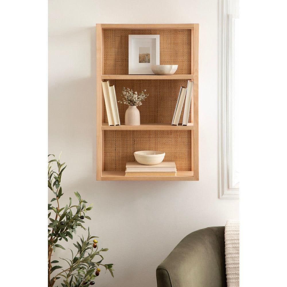 Natural Rattan and Wood Boho Three-Tier Wall Shelf, 19 x 30