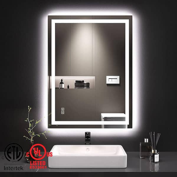 TOOLKISS 24 in. W x 32 in. H Frameless Rectangular Wall Anti-Fog LED Light Bathroom Vanity Mirror with Backlit and Front Light