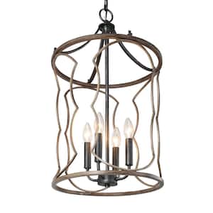 4-Light Modern Rattan-Weaved Artwork Farmhouse Chandelier with Bamboo-Like Metal Cage with Wood Accents