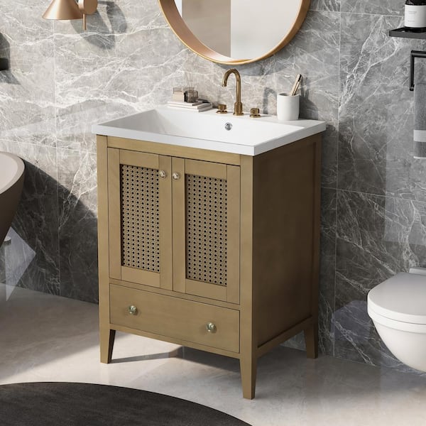 Staykiwi 24 in. W x 18 in. D x 34 in. H Single Sink Freestanding Bath Vanity in Natural with White Ceramic Top
