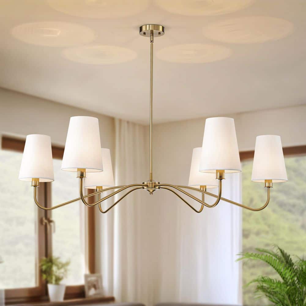 TinHon Modern Gold 6-Light Chandelier with White Fabric Shades