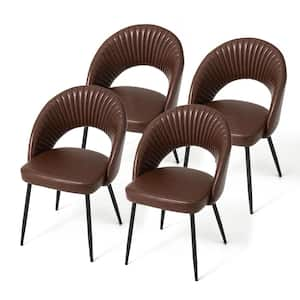 Mid-Century Modern Brown Quilted Leatherette Dining Chair with Metal Tapered Legs (Set of 4 ）