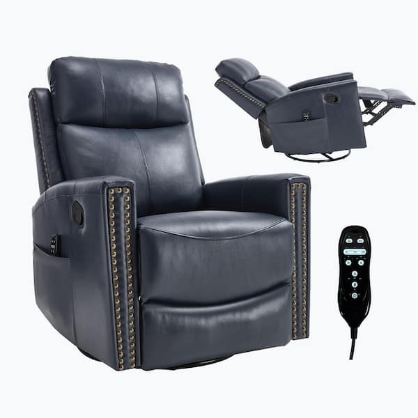 Blue Genuine Leather Recliner Chair with 360° Swivel Rocker 8-Point Massage Lumbar Heat and Manual Handle Recline