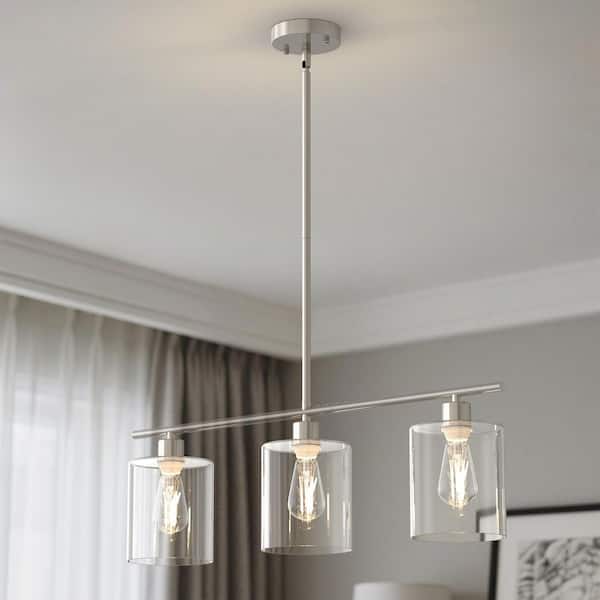 3-Light Brushed Nickel Modern Linear Clear Glass Pendant Light, DIY Island Chandelier for Kitchen and Dining Room