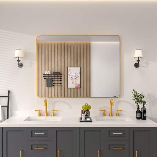 48 in. W x 36 in. H Rectangular Framed Wall Bathroom Vanity Mirror in Brass