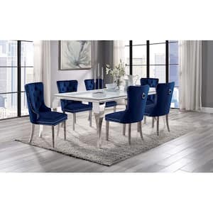Billinghurst 7-Piece Rectangle Glass Top White and Blue Dining Table Set