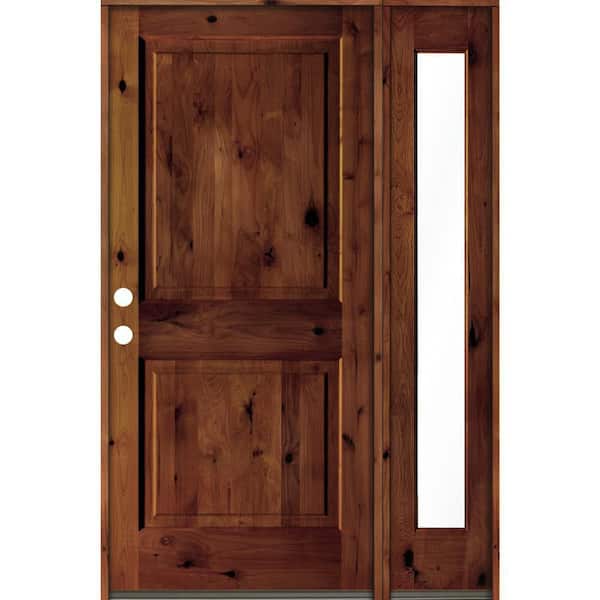 Krosswood Doors 56 in. x 80 in. knotty alder Right-Hand/Inswing Clear Glass Red Chestnut Stain Square Top Wood Prehung Front Door w/RFSL