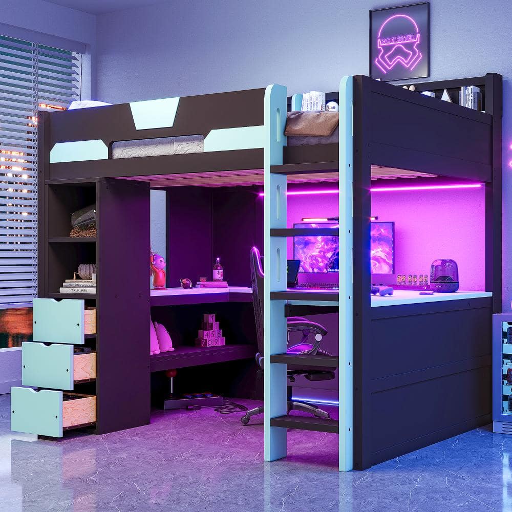 Black+Blue Full Size Multi-Functional Wooden Gaming Loft Bed with U-Shaped Desk, Smart RGB LED Lights and USB Ports price history on PriceWatchPro