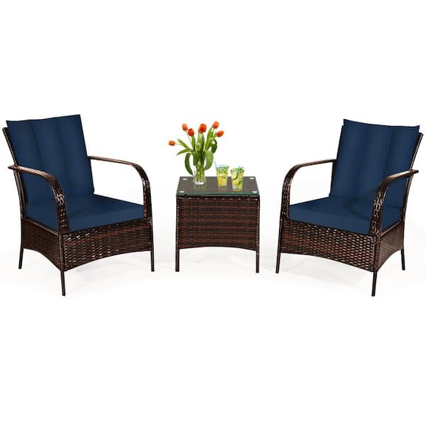 SUNRINX 3-Pieces Patio Conversation Rattan Furniture Set with Tempered Glass and Navy Blue Cushions