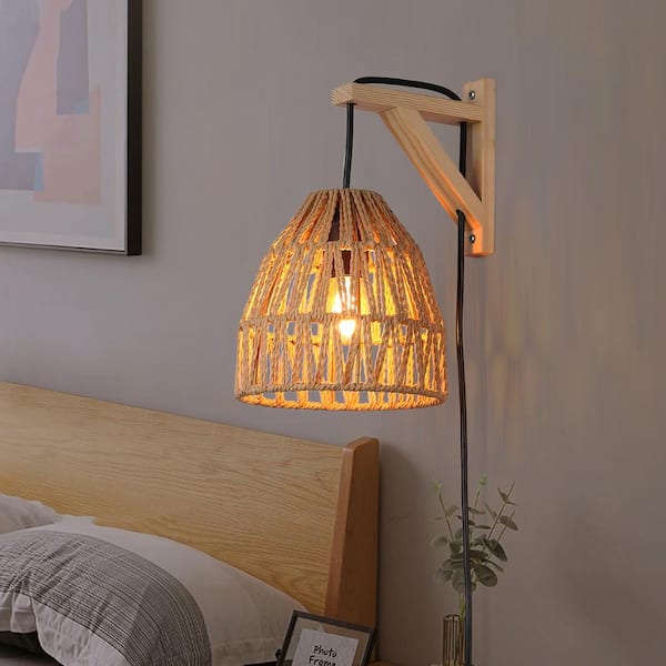 SUNLLOK Industrial 6.69 in. 1-Light Basket Rope Shade Plug in Wall
