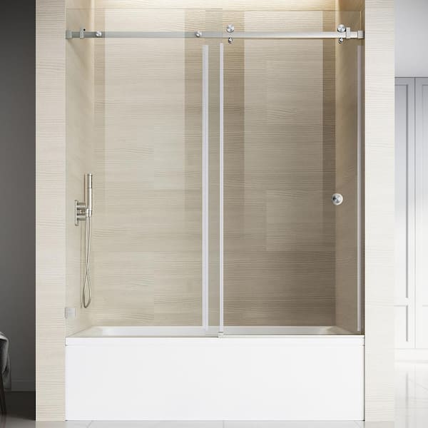UKS09 56 to 60 in. W x 66 in. H Single Sliding Frameless Bathtub Door in Brushed Nickel with EnduroShield Clear Glass