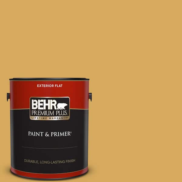 BEHR PREMIUM PLUS 1 gal. #340D-5 Galley Gold Flat Exterior Paint & Primer
