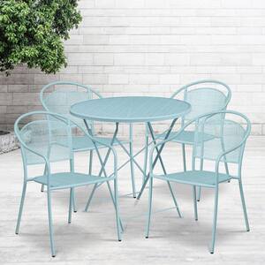 5-Piece Metal Outdoor Dining Set 30 in. Round Outdoor Steel Folding Patio Table Set with 4 Round Back Chairs in Blue