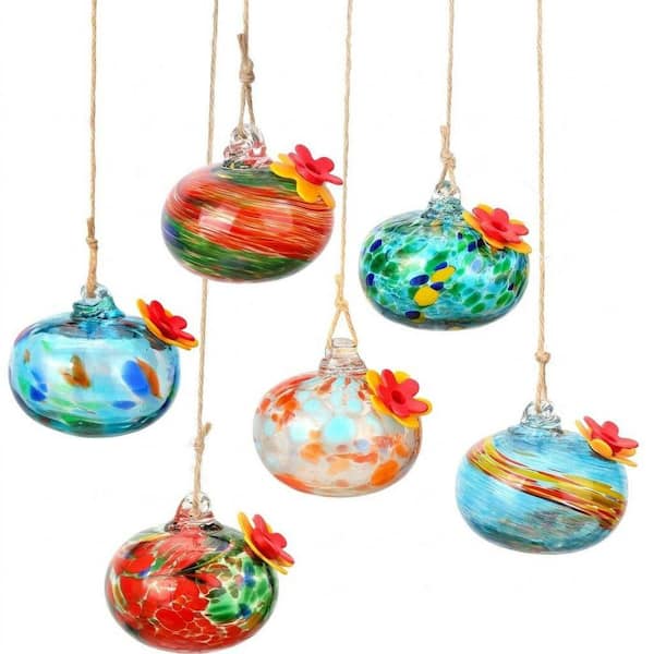 Multicolor Glass Hanging Hummingbird Feeder Bee-Proof Leak-Proof for Hummingbirds with 6 Ports (6-Pack)