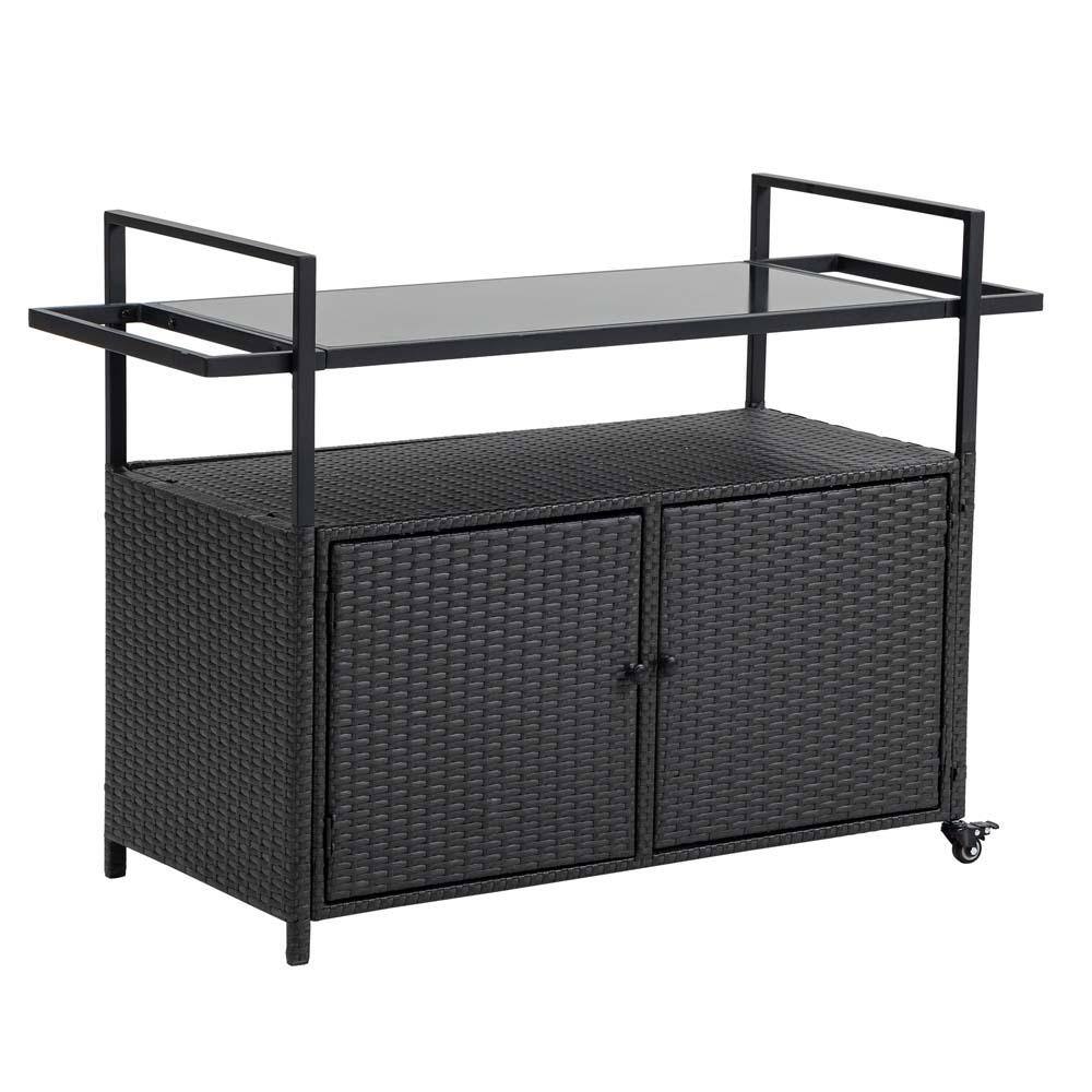 Wicker Patio Outdoor Wine Serving Bar with Glass Top and 2 Wheels for Porch, Backyard, Garden, Poolside, Party in Black price history on PriceWatchPro