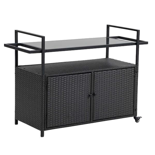 Zeus & Ruta Wicker Patio Outdoor Wine Serving Bar with Glass Top and 2 Wheels for Porch, Backyard, Garden, Poolside, Party in Black
