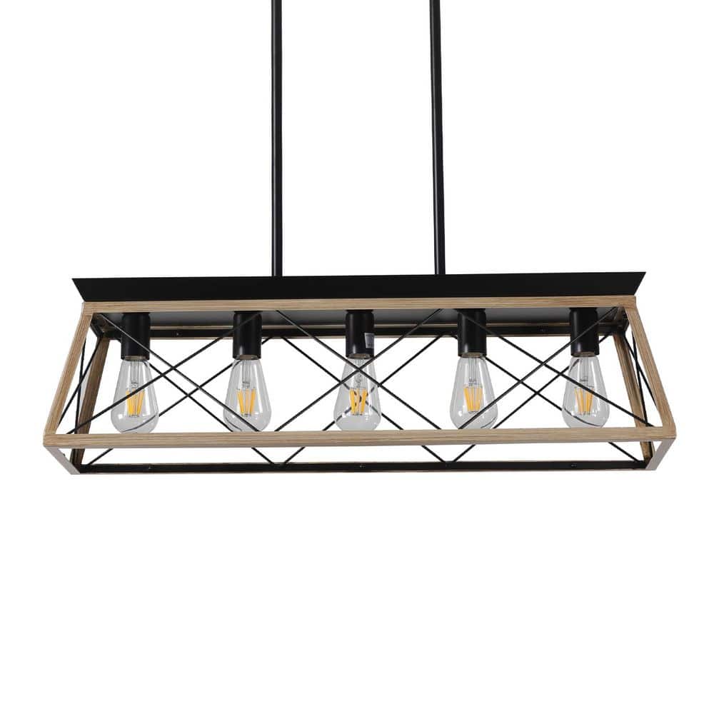 32 in. 5-Light Black/Oak Farmhouse Linear Chandelier with Caged Metal Shade for Dining Room, Kitchen, Living Room price history on PriceWatchPro