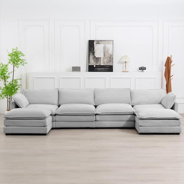 JEAREY 147 in. W 6-Piece Modern Fabric Sectional Sofa with Ottoman in Gray