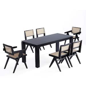 Rockaway and Hamlet 7-Piece Black and Natural Cane Wood Top Dining Room Set Seats 6