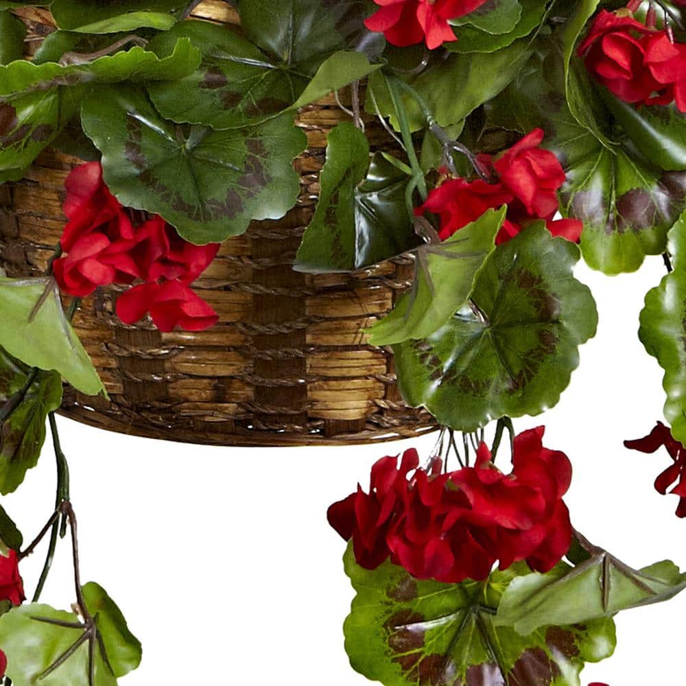 Red Geranium Hanging Basket with Greenery for Outdoor Decor